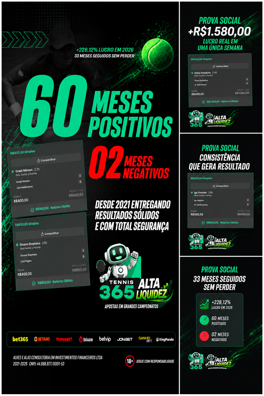 Material de Prova Social e Resultados Rastreáveis do Tennis365